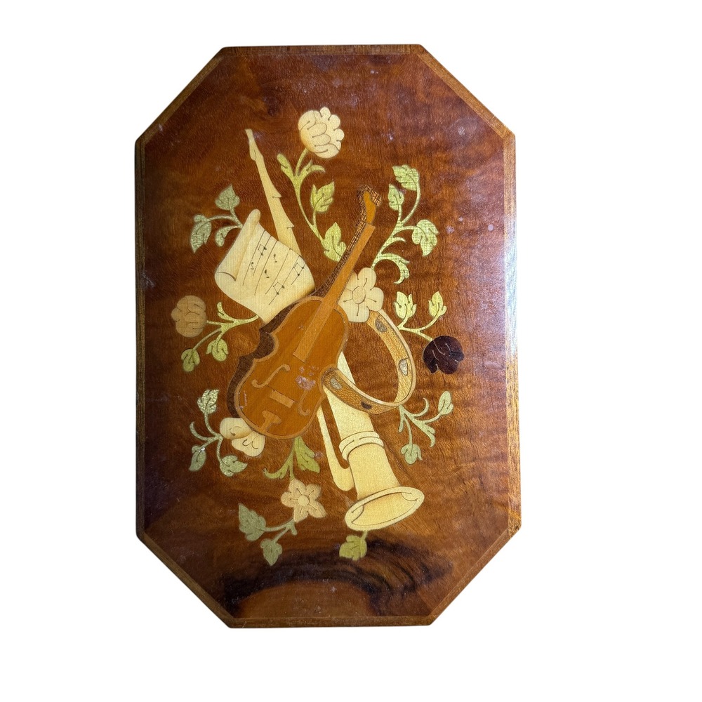 Inlay Italian Inlaid Wood Music Plaque decor Violin Horn Design 9x6 Brown
